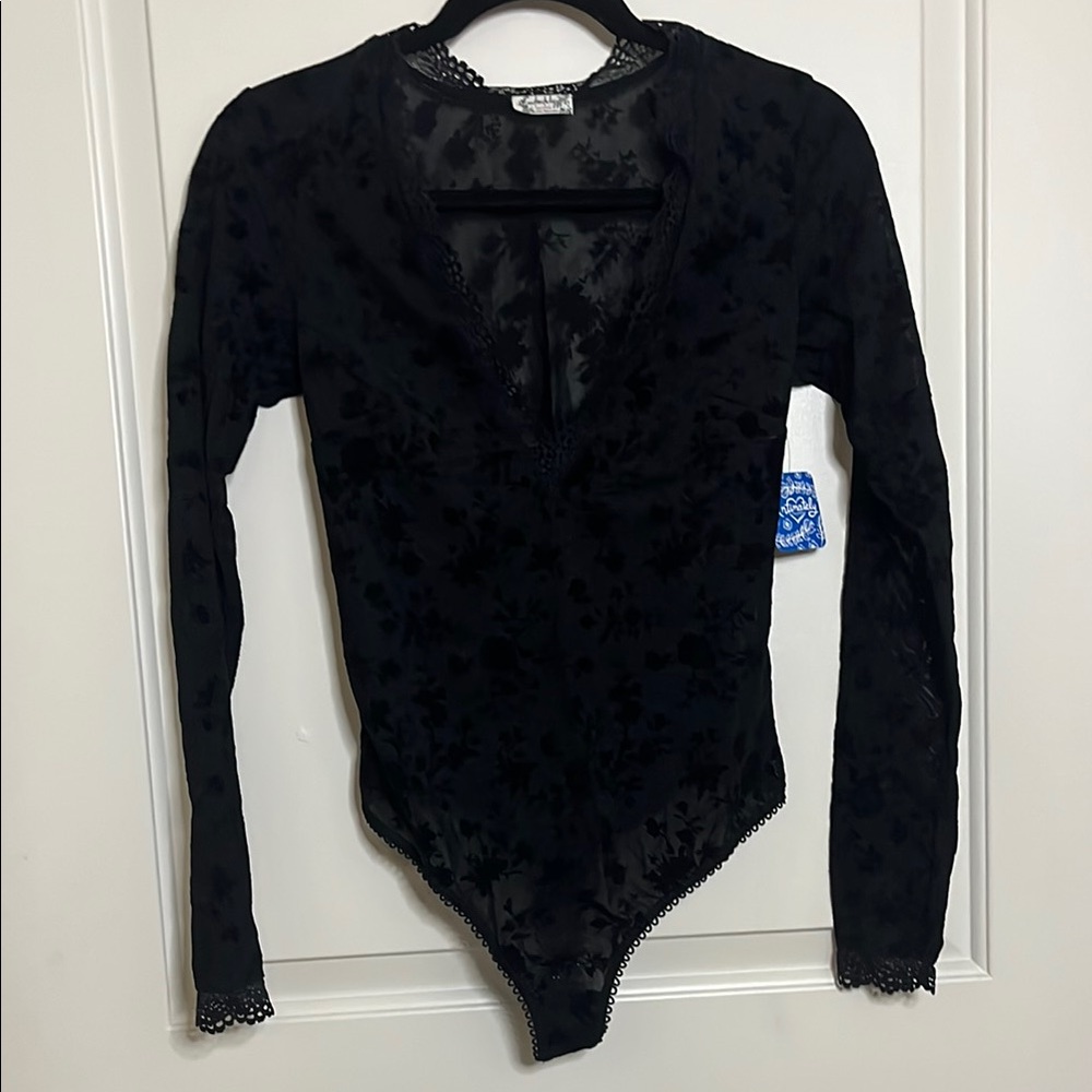 Free People Black Lace Long Sleeve Bodysuit